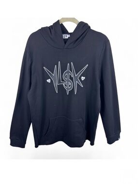 YLSK Mens Black Graphic‎ Logo Streetwear Hoodie XXL Cotton Raw Hem Sweatshirt
